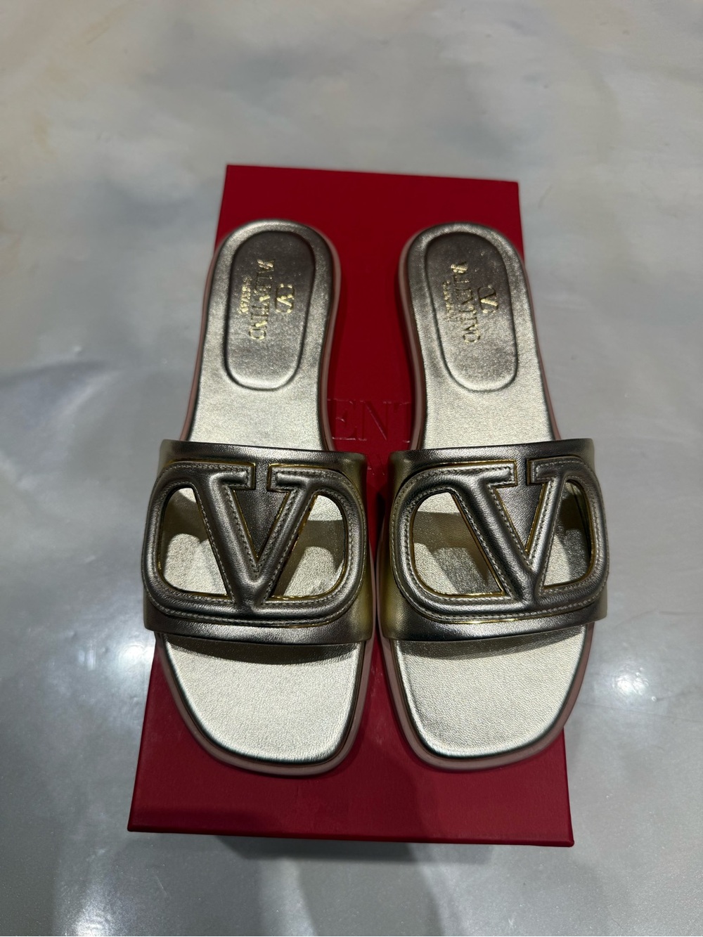 Valentino Garavani Metallic Gold Logo Slide Sandals